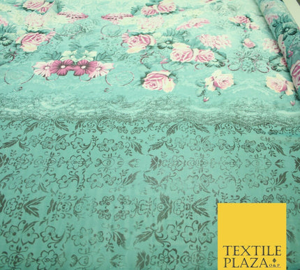 Sea Green Pink Floral Roses Panel Premium Printed Georgette Dress Fabric 2824