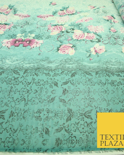 Sea Green Pink Floral Roses Panel Premium Printed Georgette Dress Fabric 2824