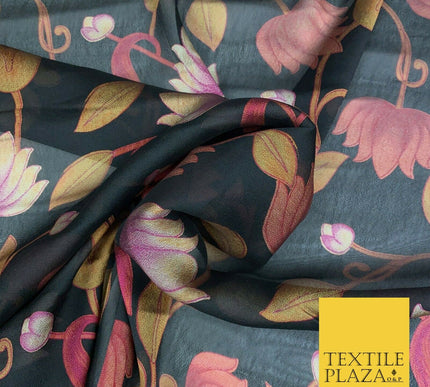 BLACK Floral Lotus Premium Printed Sheen Georgette Dress Fabric Drape 1670