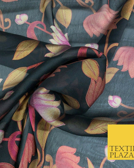 BLACK Floral Lotus Premium Printed Sheen Georgette Dress Fabric Drape 1670