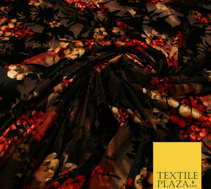 Floral Clusters Artsy Peony Pansy Flower Print Velvet Devore Burnout Net Fabric