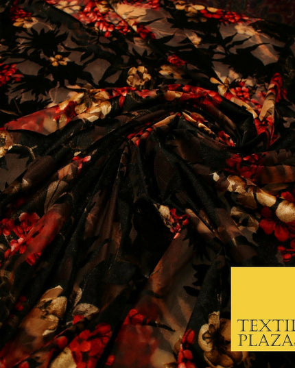 Floral Clusters Artsy Peony Pansy Flower Print Velvet Devore Burnout Net Fabric