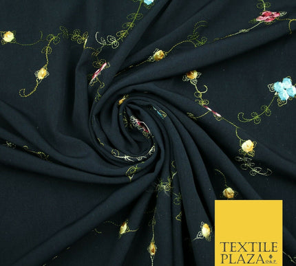 Navy Blue Multicolour Flowers Silky Threadwork Embroidered Peachskin Fabric 2831