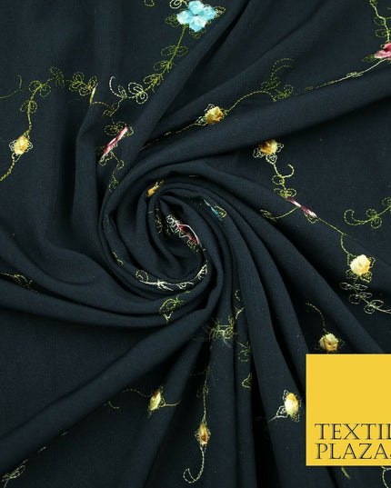 Navy Blue Multicolour Flowers Silky Threadwork Embroidered Peachskin Fabric 2831