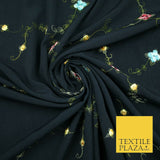 Navy Blue Multicolour Flowers Silky Threadwork Embroidered Peachskin Fabric 2831