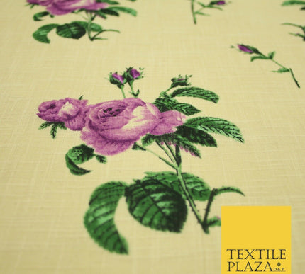 Large Rose Flower -  Summer Luxury 100% Printed Cream Floral Cotton Linen Fabric