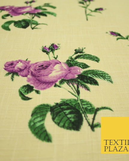 Large Rose Flower -  Summer Luxury 100% Printed Cream Floral Cotton Linen Fabric