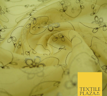 Gold Tonal Floral Flowing Lines Flower Embroidered Organza Dress Fabric 2815