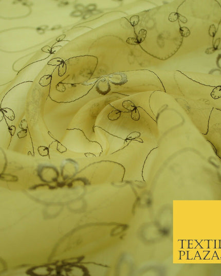 Gold Tonal Floral Flowing Lines Flower Embroidered Organza Dress Fabric 2815
