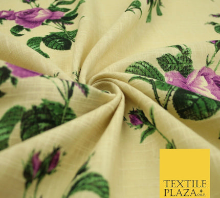 Large Rose Flower -  Summer Luxury 100% Printed Cream Floral Cotton Linen Fabric