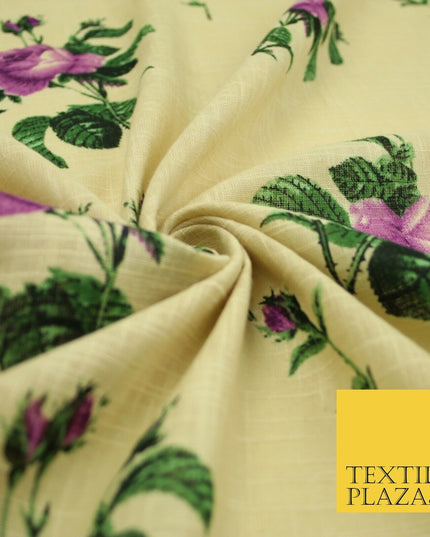 Large Rose Flower -  Summer Luxury 100% Printed Cream Floral Cotton Linen Fabric