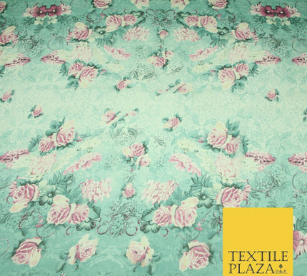 Sea Green Pink Floral Roses Panel Premium Printed Georgette Dress Fabric 2824