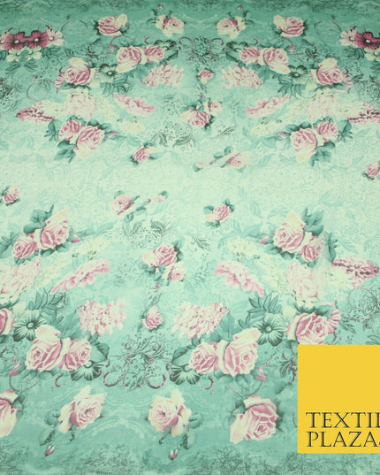 Sea Green Pink Floral Roses Panel Premium Printed Georgette Dress Fabric 2824