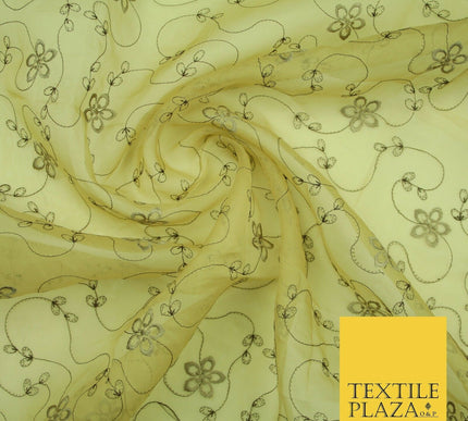 Gold Tonal Floral Flowing Lines Flower Embroidered Organza Dress Fabric 2815