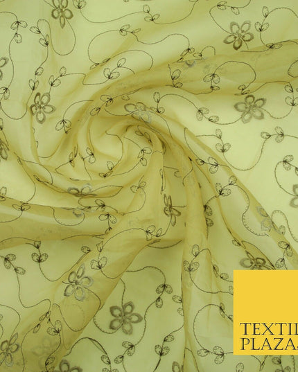 Gold Tonal Floral Flowing Lines Flower Embroidered Organza Dress Fabric 2815