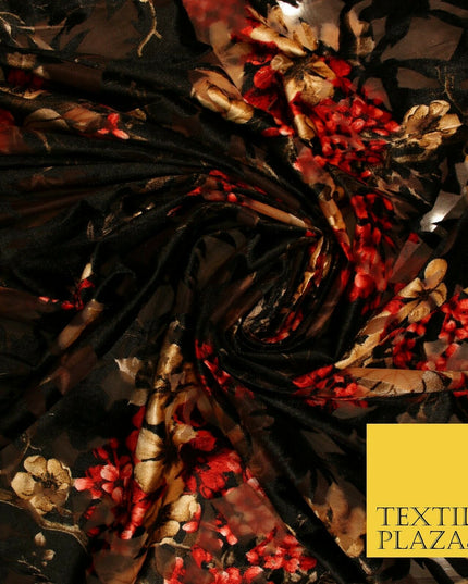 Floral Clusters Artsy Peony Pansy Flower Print Velvet Devore Burnout Net Fabric
