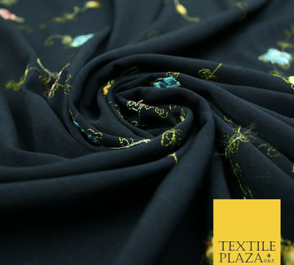 Navy Blue Multicolour Flowers Silky Threadwork Embroidered Peachskin Fabric 2831
