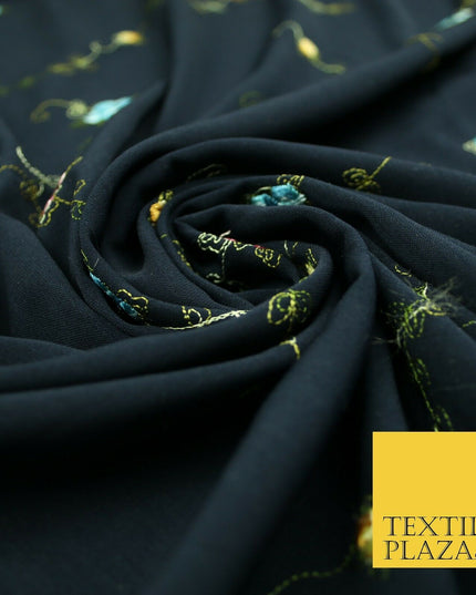 Navy Blue Multicolour Flowers Silky Threadwork Embroidered Peachskin Fabric 2831