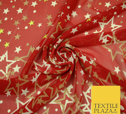 Red Gold Cream Falling Stars Spotted Premium Printed Georgette Dress Fabric 2823