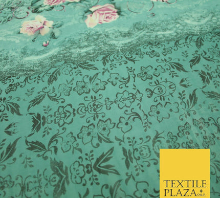 Sea Green Pink Floral Roses Panel Premium Printed Georgette Dress Fabric 2824