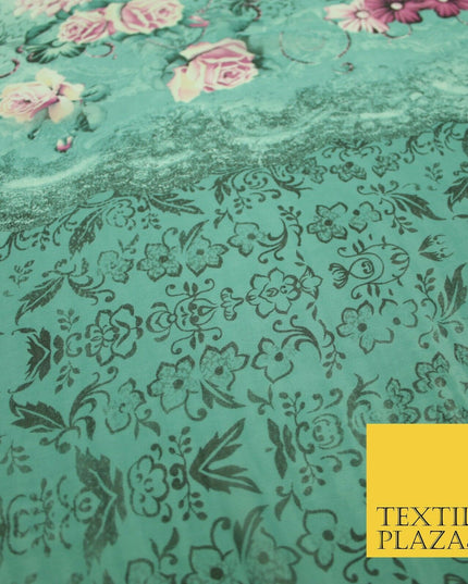 Sea Green Pink Floral Roses Panel Premium Printed Georgette Dress Fabric 2824