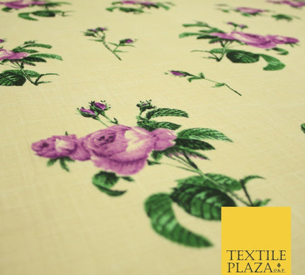 Large Rose Flower -  Summer Luxury 100% Printed Cream Floral Cotton Linen Fabric