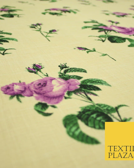 Large Rose Flower -  Summer Luxury 100% Printed Cream Floral Cotton Linen Fabric