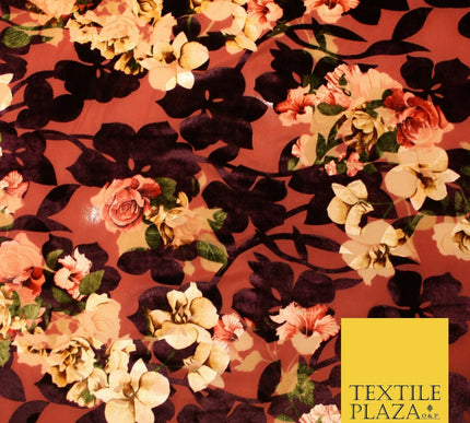 Floral Classic Sketch Roses Flower Mix Print Velvet Devore Burnout Net Fabric
