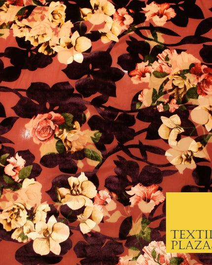 Floral Classic Sketch Roses Flower Mix Print Velvet Devore Burnout Net Fabric