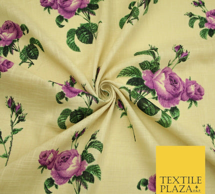 Large Rose Flower -  Summer Luxury 100% Printed Cream Floral Cotton Linen Fabric
