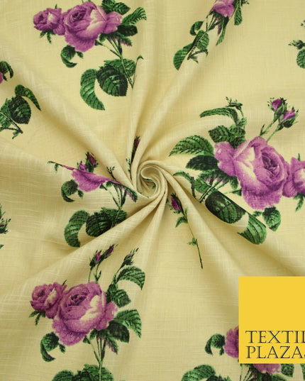 Large Rose Flower -  Summer Luxury 100% Printed Cream Floral Cotton Linen Fabric