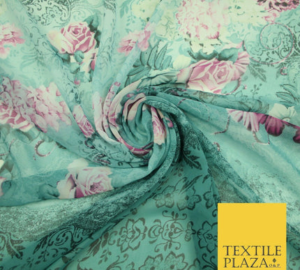 Sea Green Pink Floral Roses Panel Premium Printed Georgette Dress Fabric 2824