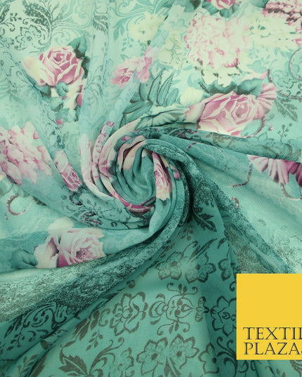 Sea Green Pink Floral Roses Panel Premium Printed Georgette Dress Fabric 2824