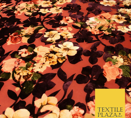Floral Classic Sketch Roses Flower Mix Print Velvet Devore Burnout Net Fabric