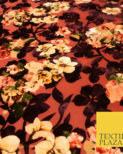 Floral Classic Sketch Roses Flower Mix Print Velvet Devore Burnout Net Fabric