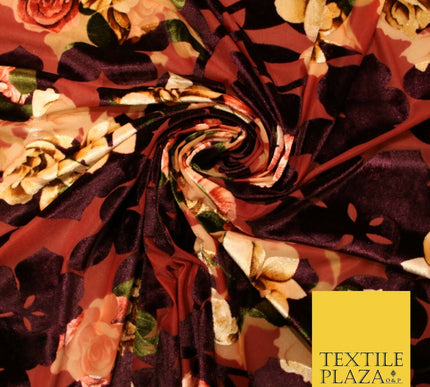 Floral Classic Sketch Roses Flower Mix Print Velvet Devore Burnout Net Fabric