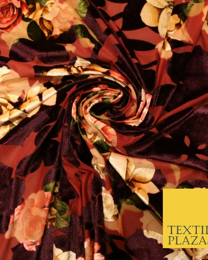 Floral Classic Sketch Roses Flower Mix Print Velvet Devore Burnout Net Fabric