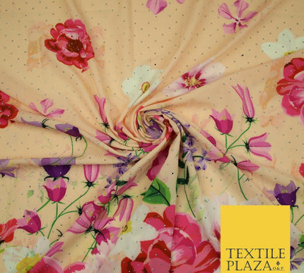 Light Peach Floral Scatter Full Dewdrop Printed Crepe Polyester Dress Fabric2826