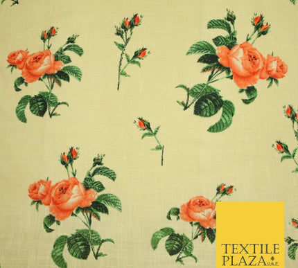 Large Rose Flower -  Summer Luxury 100% Printed Cream Floral Cotton Linen Fabric