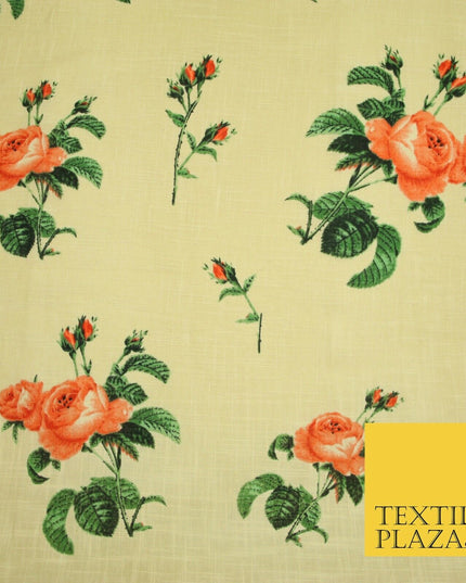 Large Rose Flower -  Summer Luxury 100% Printed Cream Floral Cotton Linen Fabric