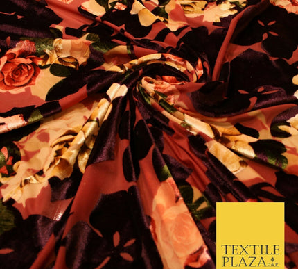 Floral Classic Sketch Roses Flower Mix Print Velvet Devore Burnout Net Fabric