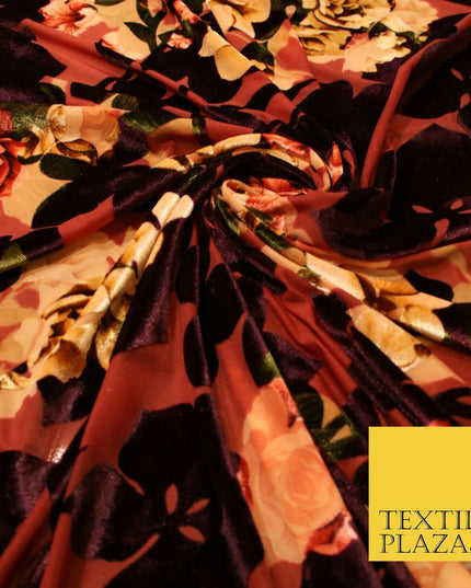 Floral Classic Sketch Roses Flower Mix Print Velvet Devore Burnout Net Fabric