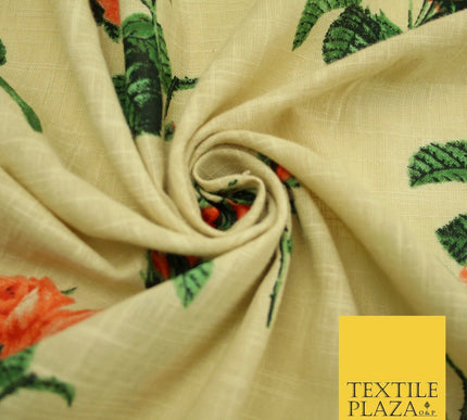 Large Rose Flower -  Summer Luxury 100% Printed Cream Floral Cotton Linen Fabric