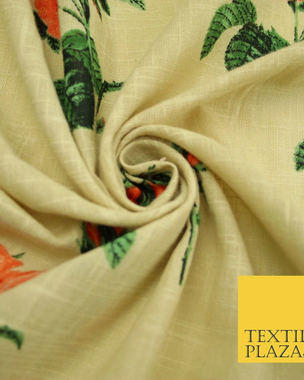 Large Rose Flower -  Summer Luxury 100% Printed Cream Floral Cotton Linen Fabric