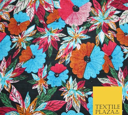 Black Multicolour Flower Funky Abstract Printed PURE Dupion Raw Silk Fabric 2483