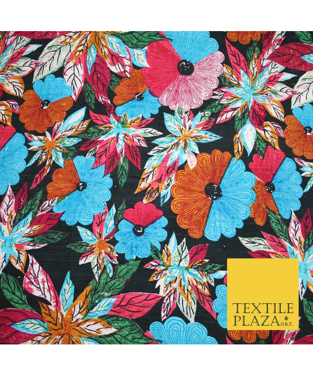 Black Multicolour Flower Funky Abstract Printed PURE Dupion Raw Silk Fabric 2483