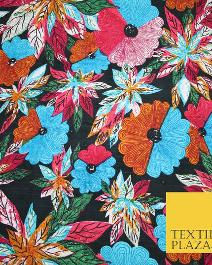 Black Multicolour Flower Funky Abstract Printed PURE Dupion Raw Silk Fabric 2483