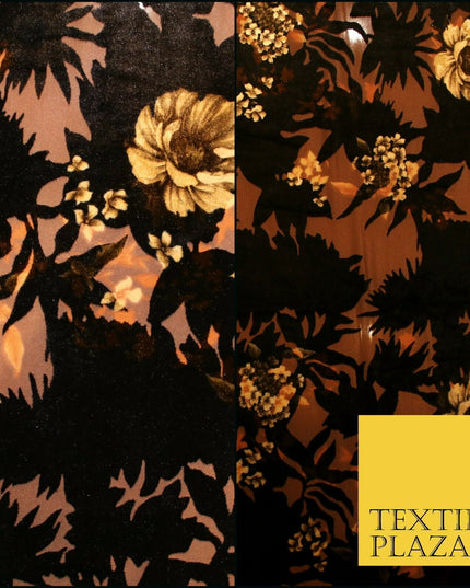 Dark Navy Blue Brown Floral Pansy Shadows Velvet Devore Burnout Net Fabric