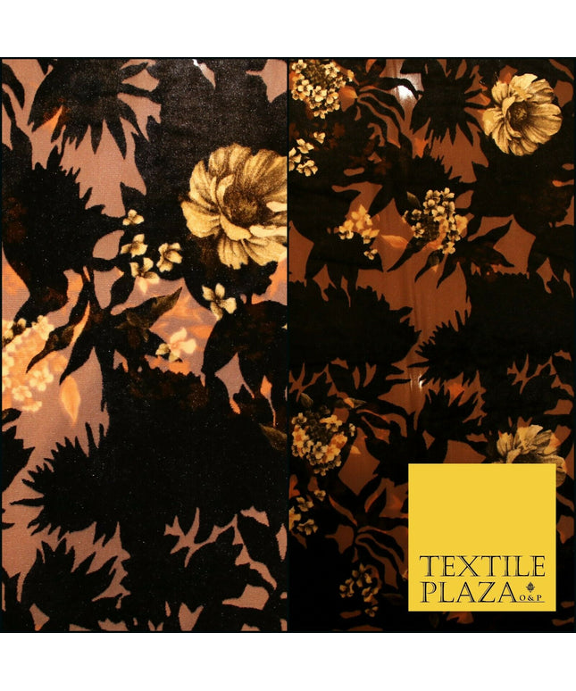 Dark Navy Blue Brown Floral Pansy Shadows Velvet Devore Burnout Net Fabric