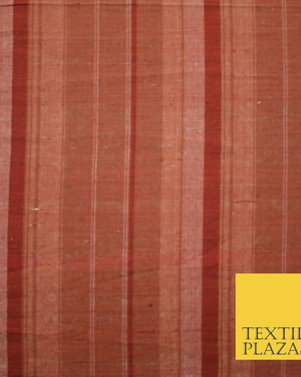 Brick Red - Terracotta Check Stripe Woven 100% PURE Dupion Raw Silk Fabric 2486
